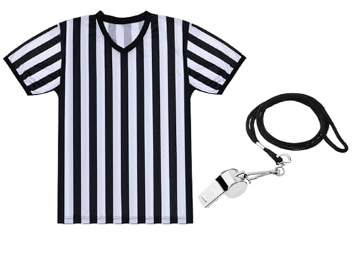 SATINIOR Men's Official Uniform Black and White Stripe Pro-Style Neck Referee Shirt, Officiating Umpire Jersey and Stainless Steel Whistle with Lanyard for Halloween Basketball Football Soccer(L)