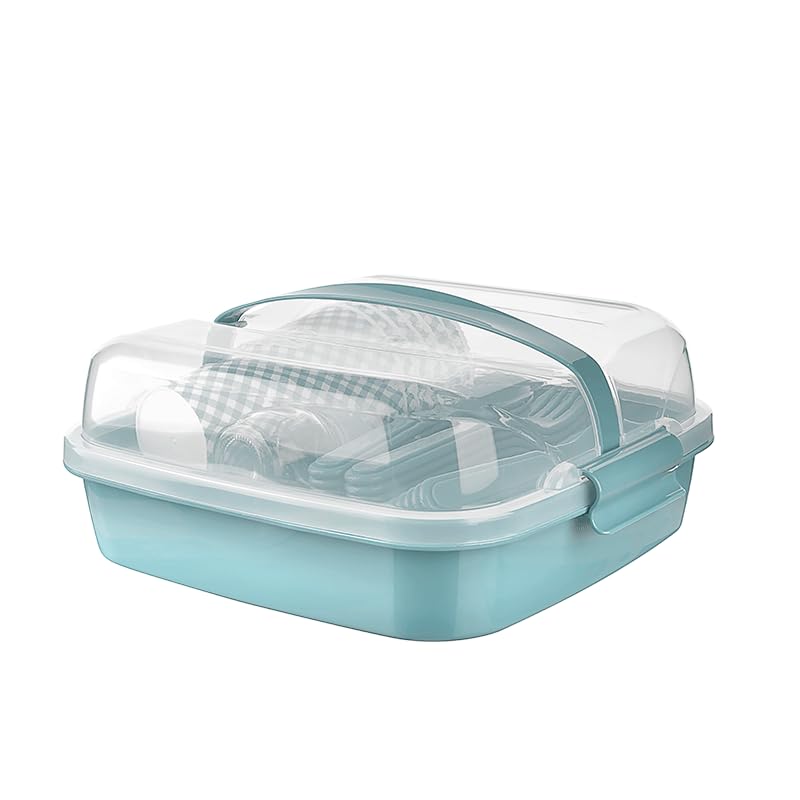 Picknick Set 6 Personen Blau – BPA-freies Plastikbesteck & Geschirr – Gabel, Messer, Löffel, Teller, Becher & Salzstreuer – Inkl. Picknickkorb & Tasche