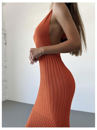 Image of GORGLITTER Women's Halter Backless Knit Dress Crochet Maxi Dresses | Open Back Dress, Knitted Long Bodycon Dresses, Deep V Neck, Resort Wear, Going Out Vacation Outfits