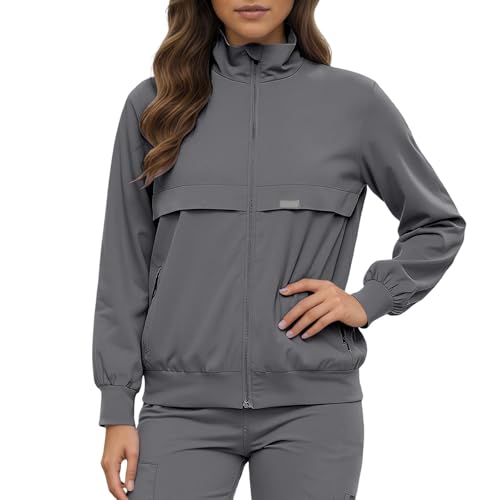 Dasongff - Chaquetas médicas para mujer, chaquetas de aviador con cremallera, blusas médicas para enfermeras con bolsillos Scrub Jackets for Women Bomber Jacket Medical Nurse Coats, gris, M