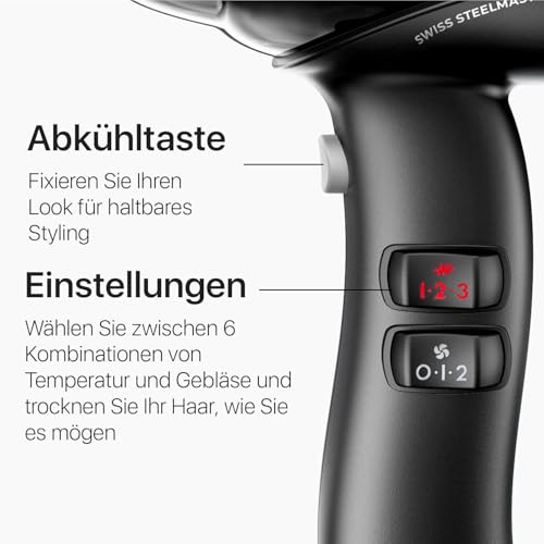 Valera, Swiss Steel Master Light Professional Hair Dryer, Chrome Steel, Lightweight Phon with Powerful Motor, 3 Temperature Levels, Ionizer, 2100 W, Swiss Made - Image 3