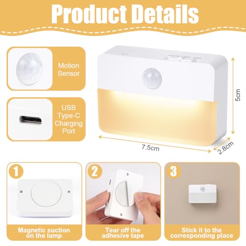 HOTUT Motion Sensor Lights Indoor, 2 Pack Night Light, USB Rechargeable LED Motion Sensor Light (AUTO/ON/Off) - Image 2