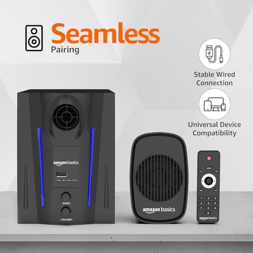 Image of Amazon Basics Wired Multimedia Speaker with Remote | 40W RMS | Bluetooth v5.3 | Aux in, USB, Micro TF Card | Compatible with TVs, Smart Phones, Tablets, PCs (Black)