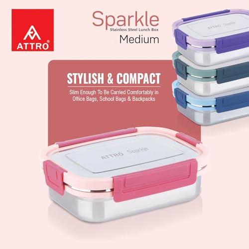 Image of ATTRO Sparkle Medium Stainless Steel Lunch Box 2-Piece Set - 800ml + 150ml - Leak-Proof, BPA-Free, Compact & Durable - Ideal for Kids, Office, Travel - Peach
