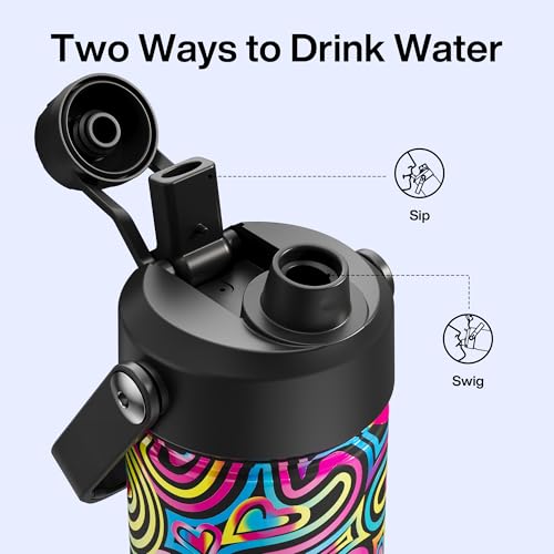 Image of ENCOOL Insulated Water Bottle with Straw Stainless Steel Water Bottle, Leak-Proof, BPA-Free, Double Wall Vacuum Keeps Cold for 24 Hours for Sports, Travel, School (26 oz, Heart Swirl Black)