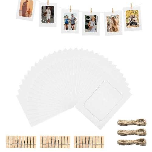 ROEOWENE 30pcs Marco de Fotos de Papel Kraft Marco Papel para Fotos 10x15 para Bautizo Bricolaje Marco de Fotos Colgante Pared Portaretratos Portafotos Colgar con Pinzas Cuerdas para Decoración Blanco
