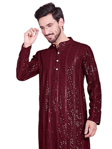Image of Jompers Men's Regular Fit Rayon Sequins Chikankari Embroidered Kurtas