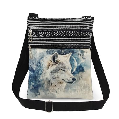 Wolf Moon Print Crossbody Bag Adjustable Unisex Shoulder Bag with Zipper Wolf Lovers Gift for Women Men Messenger Bags Outdoor Wilderness Enthusiasts Gift
