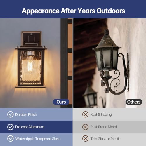 Image of Dusk to Dawn Outdoor Light Fixture, Oil-Rubbed Bronze Porch Light | 12'' Aluminum Outside Wall Lantern with Water Ripple Glass, Hardwired Exterior Sconce for Patio Garage, Bulb Not Included