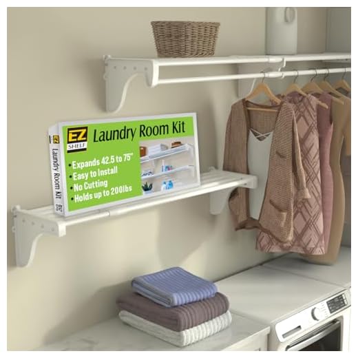 EZ Shelf-DIY Expandable Laundry Room Shelves - Laundry Room Shelves Over Washer & Dryer -White- 2 Laundry Shelves –Each Expands from 40.5 to 75" (1 Shelf has Hanging Rod)–Laundry Room Organization