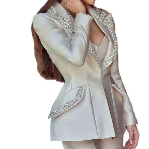 Modern Crystal Women Suits Sets 2 Pieces One Button Fashion Elegant Blazer＆Pants Wedding Party Formal Business Office3