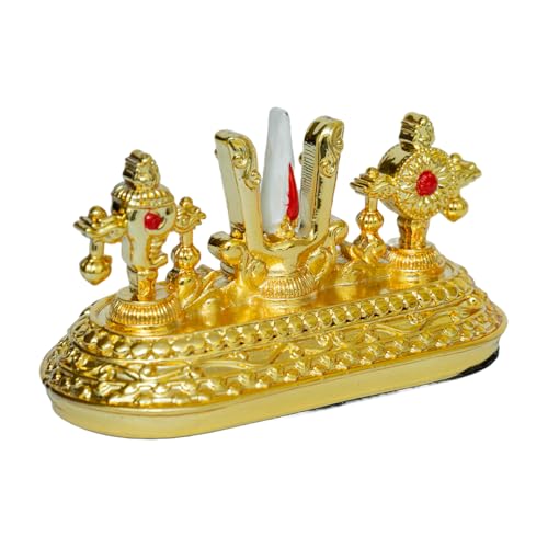 Image of Gold Plated Balaji Symbol of - Shankh, Chakra & Namam | Sacred Vaishnava Symbols for Pooja Room & Devotional Spaces | Vishnu Tilak Idol | Size: 8.5 x 4 x 5.5 cm