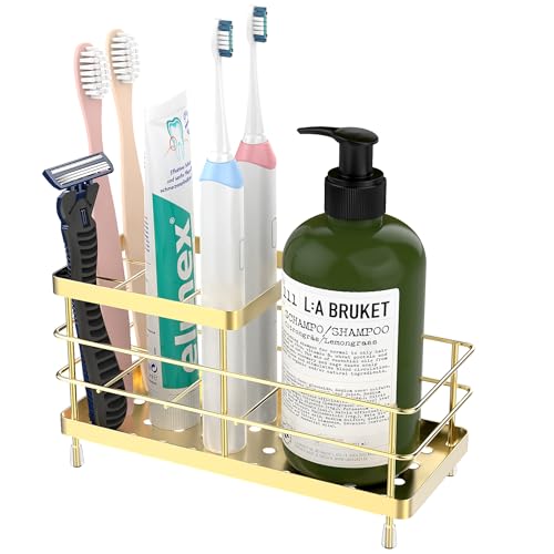 Luxspire Toothbrush Holders, 6 Slots Stainless Steel Tooth Brush Holder with Drainage, Toothbrush Holder for Bathroom Countertop & Kitchen Sink, Bathroom Accessories, Gold