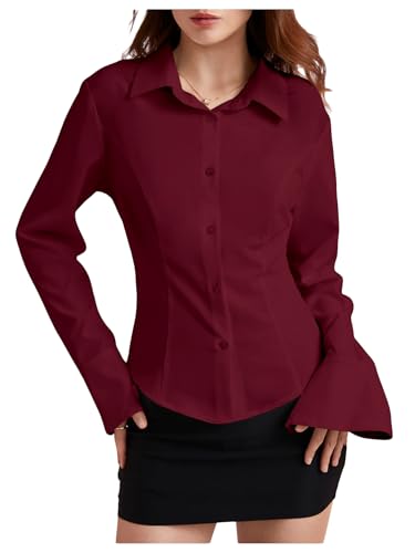 WDIRARA Women's Long Bell Sleeve Button Down Shirt Lace Up Back Princess Line Lapel Top Burgundy X-Small : Clothing, Shoes & Jewelry