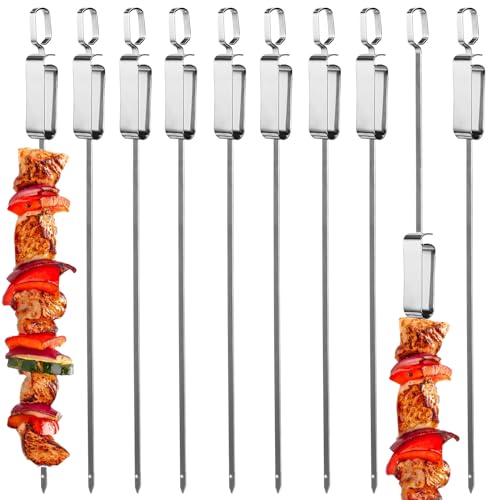Grillspieße 10 Stück, 41cm*6mm*1.8mm Grill Kabob Spieße flache Schaschlikspieße mit Schnellverschluss, Edelstahl 304, Spießstäbe für Camping, breite, wiederverwendbare Schaschlikspieße Fleischspieße