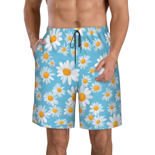 White Daisy in Light Blue Background Print Men's Swim Trunks with Liner,Beach Shorts for Summer,Suitable for Water Activities