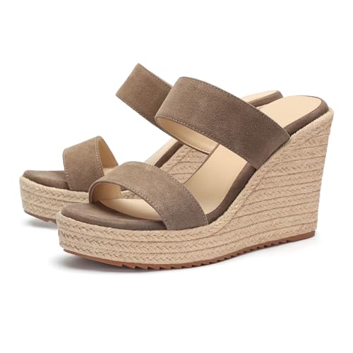 VICKI·VICKI Women's Wedge Sandals Wedges heels Espadrilles,Slip on Open Toe Platform Summer Shoes,Casual Fashion Vacation Beach Dressy Office Sand Suede Size 9