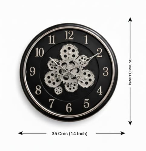 Image of Large Size 35 cms Rotating Moving Gears Wall Clock Industrial Steampunk Real Moving Gear Designer Wall Clock for Living Room Home Decor Office Wooden Look Plastic Round 14 Inch (Grey) (Black Silver)