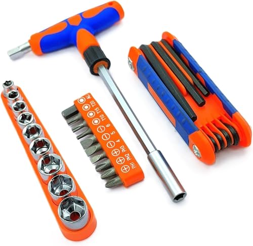 Image of Set of 25 Pcs Magnetic T-Handle Ratchet Wrench and Screwdriver Set 9 Pc x sockets, 10 Pcs x Screw driver heads Set, 1 x Allen key Set, & 1 Pc x T-Handle Wrench