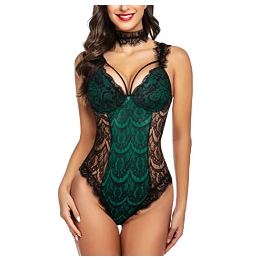 ADOME Damen sexy Dessous Teddy mit Choker Set Wimpern Spitze Bodysuit Snap Crotch Strappy Dessous