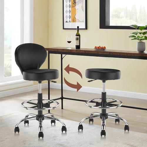 Image of KLASIKA PVC Faux Leather Drafting Chair Rolling Swivel Salon Stool Seat Adjustable Height 30 Inch with Back Support Foot Rest Hydraulic Wide Seat Diameter 15 in for Tattoo Beauty Barber Lash