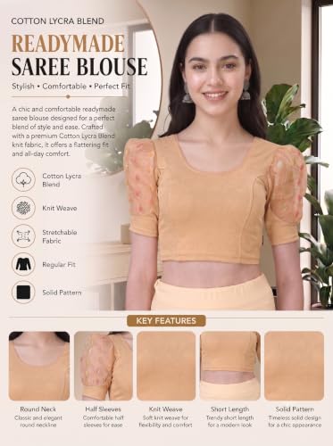 Image of SFT Women's Cotton Lycra Blend Readymade Saree Blouse with Round Neck Half Sleeves Solid Pattern Knit Weave Regular Fit and Pull On Closure