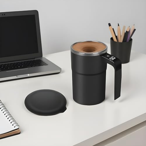 qokeeu Upgrade Self Stirring Mug with Temperature Display, Rechargeable Auto Magnetic Mug, 380ML Automatic Magnetic Stirring Coffee Cup Self Mixing Coffee Cup Rotating for Coffe Milk