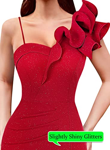 Image of VFSHOW Womens Ruffle One Shoulder Strap Ruched Formal Prom Wedding Maxi Dress V Neck Elegant Split Cocktail Evening Long Gown