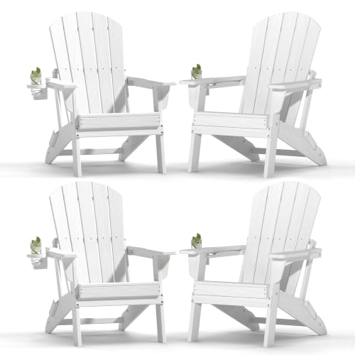Image of Plawdlik Folding Adirondack Chair, SGS Tested, Wooden Textured with Cup Holder, Heavy All-Weather HDPE Comfortable Set Poolside Backyard Lawn White Set 4