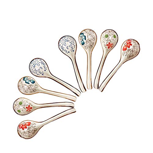 Famhome Lot de 8 cuillères à long manche en céramique faites à la main - Parfaites pour une utilisation familiale - Couleur aléatoire