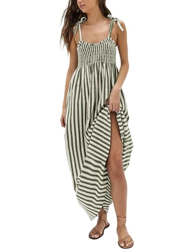 Image of Lentta Women's Striped Smocked Maxi Dress Causal Spaghetti Strap Stretchy Flowy Swing Long Dress with Pockets
