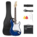 GLARRY Full Size Electric Guitar for Music Lover Beginner with 20W Amp and Accessories Pack Guitar Bag (Blue Transparent, 39' Right)