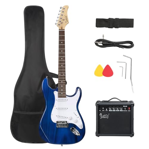Image of GLARRY Full Size Electric Guitar for Music Lover Beginner with 20W Amp and Accessories Pack Guitar Bag (Blue Transparent, 39 inch Right)