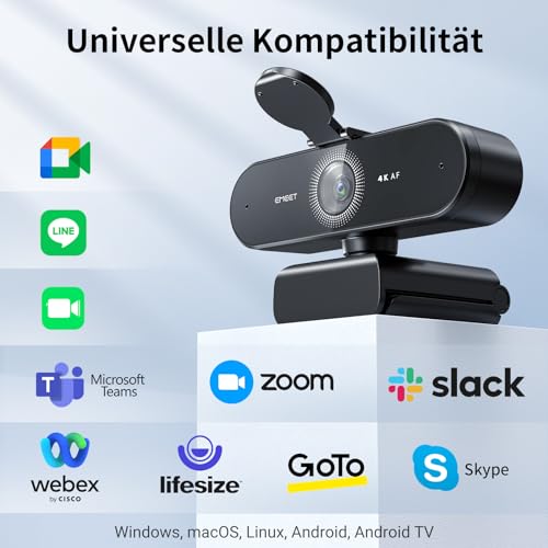 EMEET Webcam NOVA 4K, 4K Webcam mit 2 Mikrofon mit Rauschunterdrückung, Ultra HD Webcam mit 73° Weitwinkel und Objektivabdeckung, PDAF Autofokus, Web Cam für Mac, Laptop, Zoom, Teams
