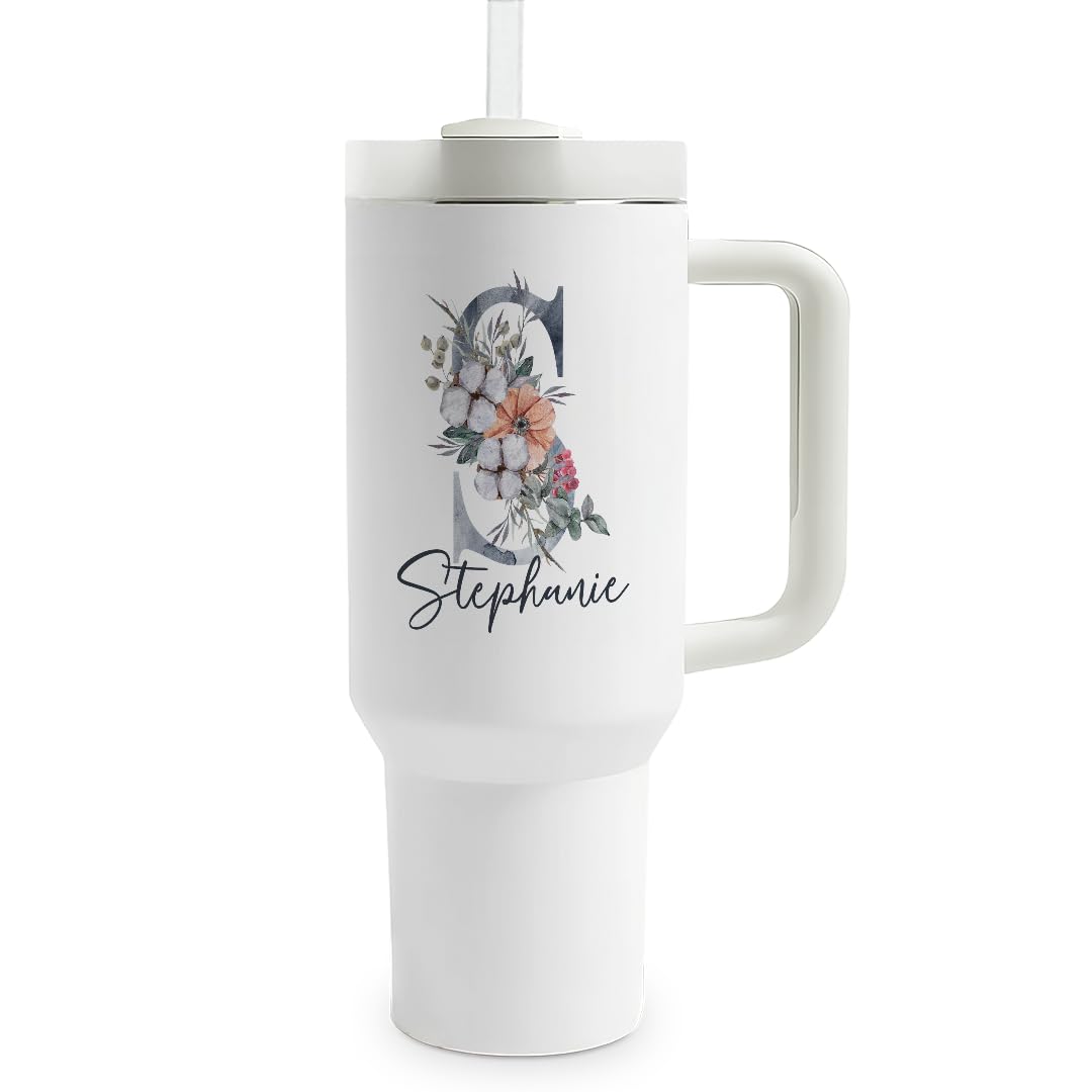 Personalisierter Thermobecher mit Blumen-Name | 1,2 Liter Fassungsvermögen | inkl. Deckel und Trinkhalm | hochwertig | To Go Becher mit Henkel im Blumendesign (40oz) | Geschenkidee | Isolierbecher