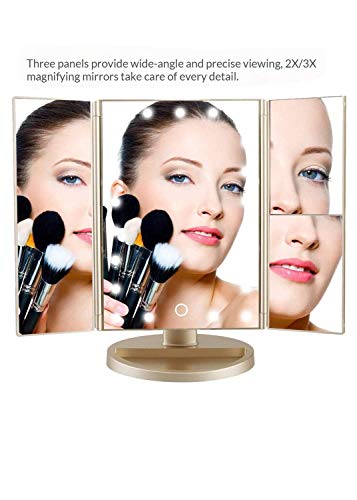 Lighted 3-Fold Vanity Makeup Mirror with 1X/2X/3X Magnification, Touch Screen, Adjustable Rotation, and 21 LED Lights - Portable Cosmetic Mirror for Travel