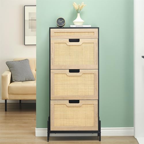 GAOMON Natural Rattan 3 Flip Door with 1 Drawer Shoe Rack Storage Cabinet, Shoe Cabinet Organizer Freestanding with 3-Tier Adjustable Shelves for Entr