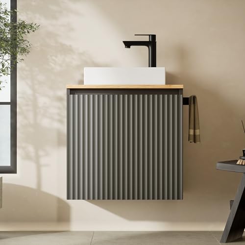 Planetmöbel Conjunto de Muebles de baño Lavabo con Mueble bajo 56 x 55 x 30 cm Antracita, con grifería y desagüe para Lavabo Negro para Cuarto de baño, Aseo y baño