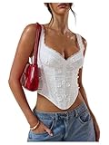 SOLY HUX Women's Floral Embroidered Crop Tops Lace V Neck Asymmetrical Going Out Tank Top Plain White Medium