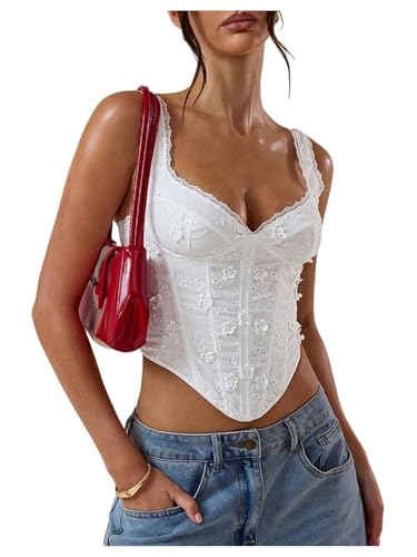 SOLY HUX Womens Floral Embroidered Crop Tops Lace V Neck Asymmetrical Going Out Tank Top Plain White Small