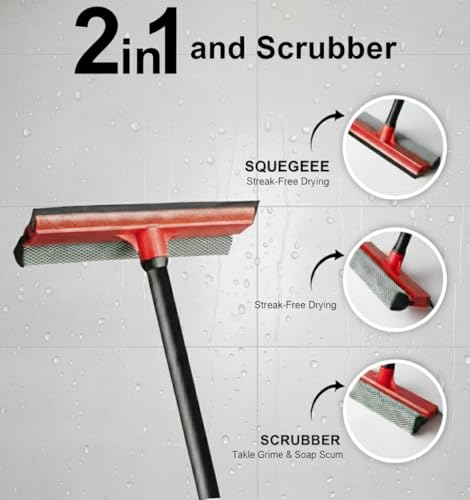 Image of 2Pcs Window Squeegee with Long Handle, 2-in-1 Window Cleaner Tool, Glass Door Cleaner, Multi-Use Car Windshield Cleaning Cleaning for Indoor Outdoor Car Window High Glass Shower Gas Station