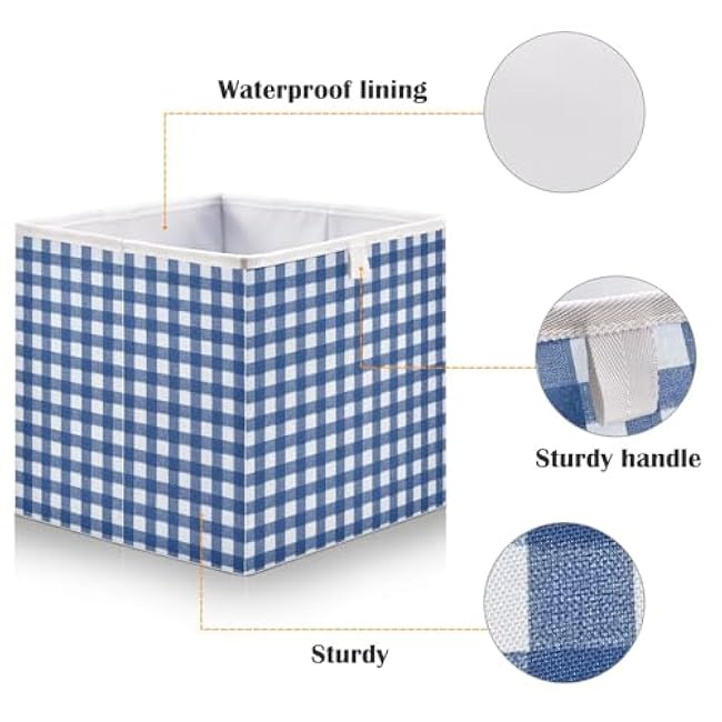 Blue & White Gingham Cube Storage Bins, 11 Inch Foldable Fabric Storage Box with Handles for Organizing£¬Shelves£¬Office, Nursery, Home Decor