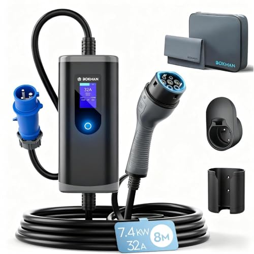 bokman Cargador Coche Eléctrico 7,4kW, 8 Metros / 6-32A / Monofásico / IP65 Impermeable/CEE, Tipo 2 de Carga para Vehículos Eléctricos con Cable