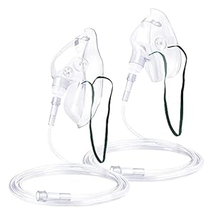 ANSNF 2 Pack Oxygen Mask for Face Adult with 6.6′ Tube & Adjustable Elastic Strap – Size M+L (Clear) – NO CUP