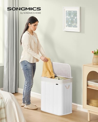 Miniatura 2 de Songmics Cesto Ropa Sucia, 100 L, Cesta Colada 2 Clasificaciones, Con Tapa, Bambú, Con Asas, Plegable, Bolsa Interior Extraíble Y Lavable A Máquina, Para Lavandería, Dormitorio, Blanco Lcb64wt