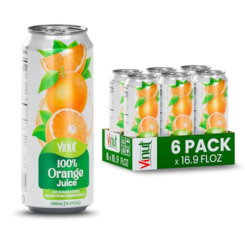 Image of VINUT 100% Orange Juice, No Added Sugar, Never From Concentrate, 16.9 fl oz (500 mL) Can, Pack of 6