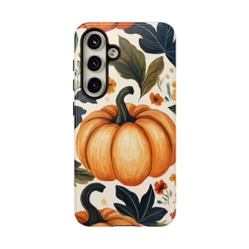 Coque Samsung S24 rigide brillante au design floral et citrouille orange unique
