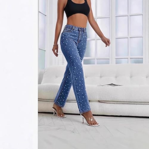 Women's high Waist Pearl Jeans Irregular Loose Straight Casual Jeans3