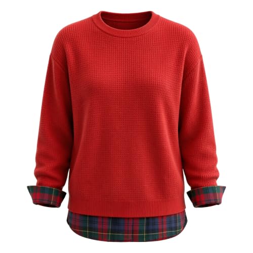 Womens Waffle Knit Christmas Sweatshirts Plaid Shirt Patchwork Crewneck Top - image 4