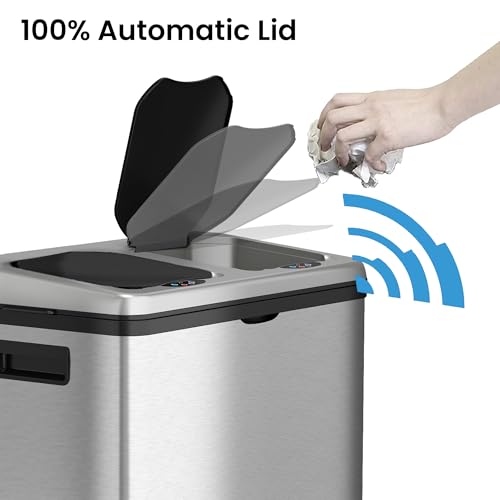 Image of iTouchless 16 Gallon Touchless Sensor Kitchen Trash Can and Recycle Bin with Wheels, 61 Liter Stainless Steel Dual-Compartment (2 x 8 Gallon) Combo Recycling and Garbage Trashcan